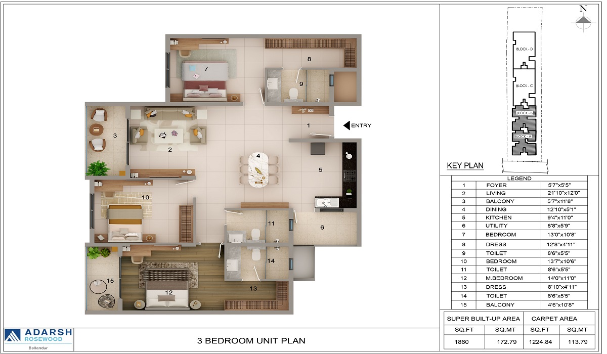 3BHK Floor Plan Adarsh Rosewood, Bellandur, Bangalore